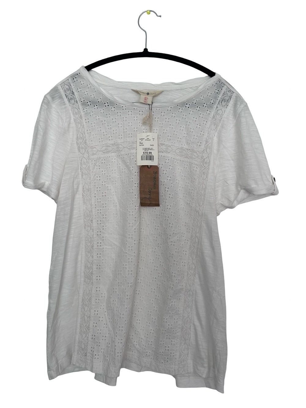 Women's White Eyelet Panel Short Sleeve Tee 100% Cotton NWT